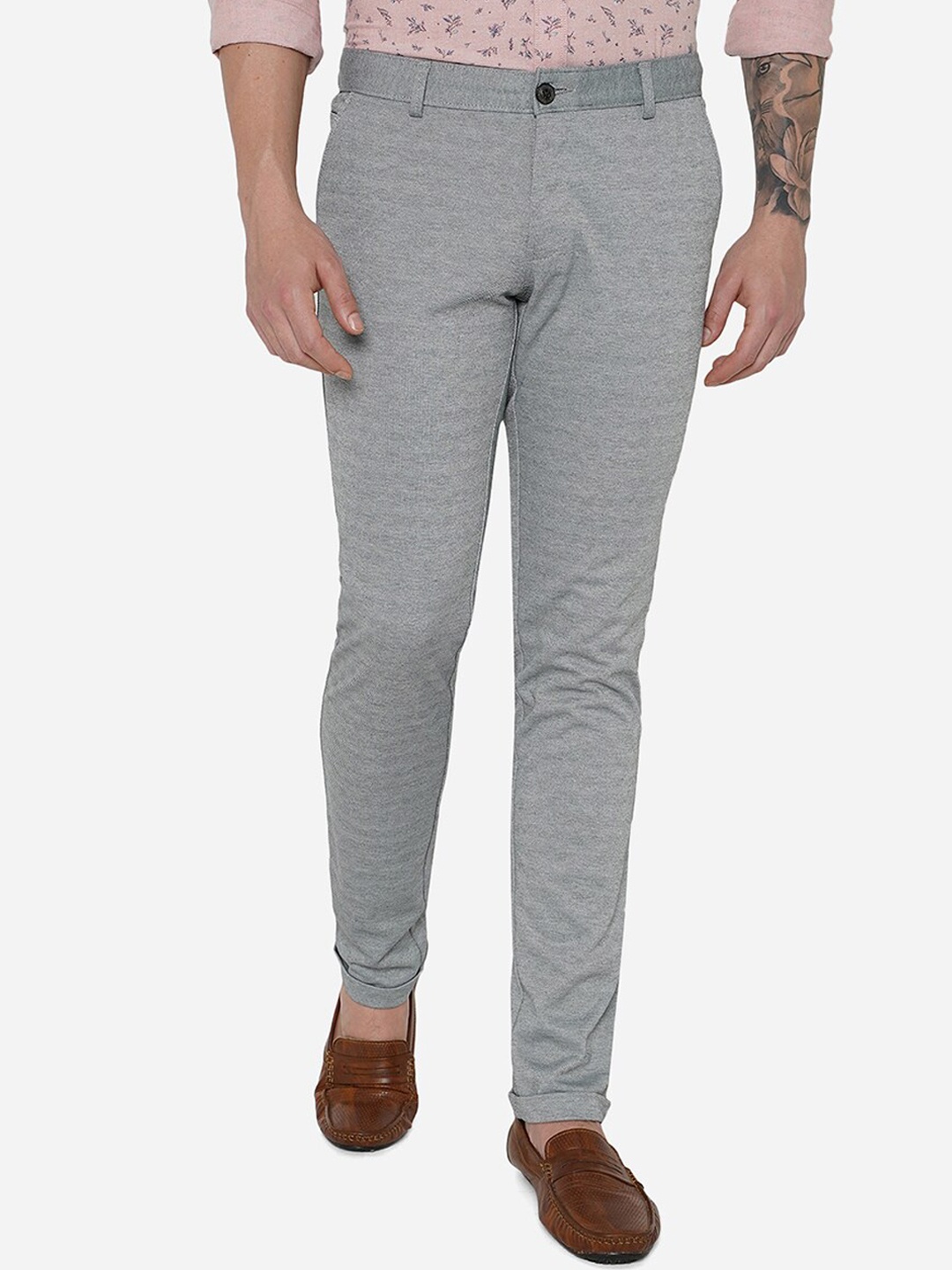 

JADE BLUE Men Grey Slim Fit Cotton Chinos Trousers