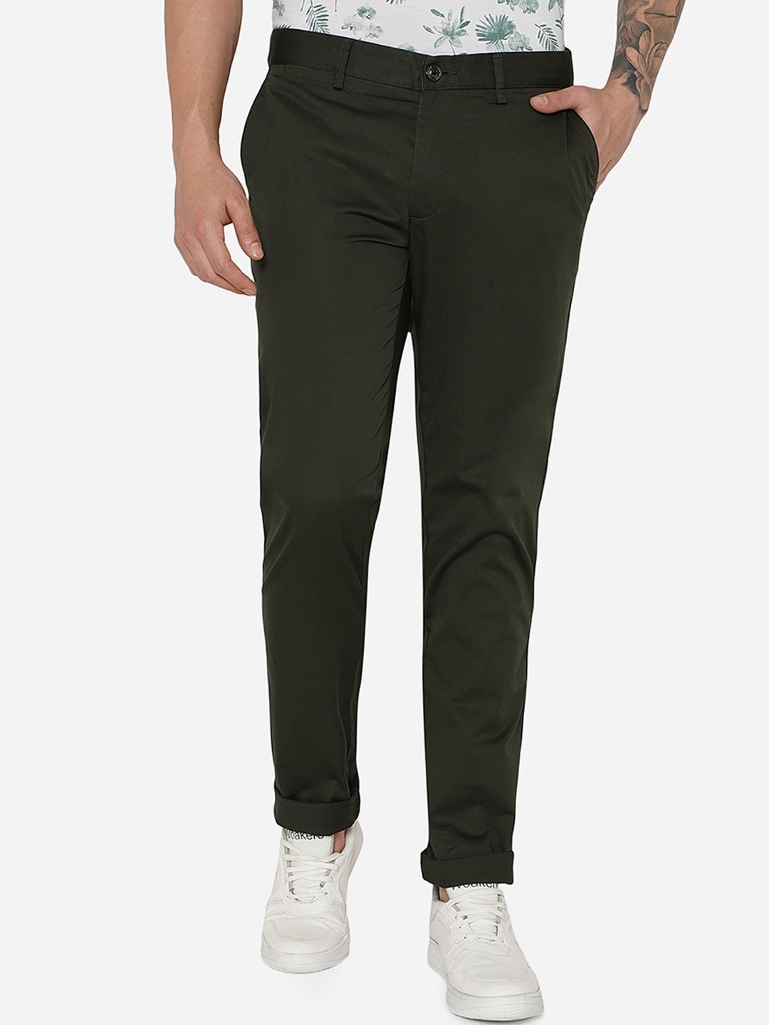 

JADE BLUE Men Green Slim Fit Cotton Chinos Trousers