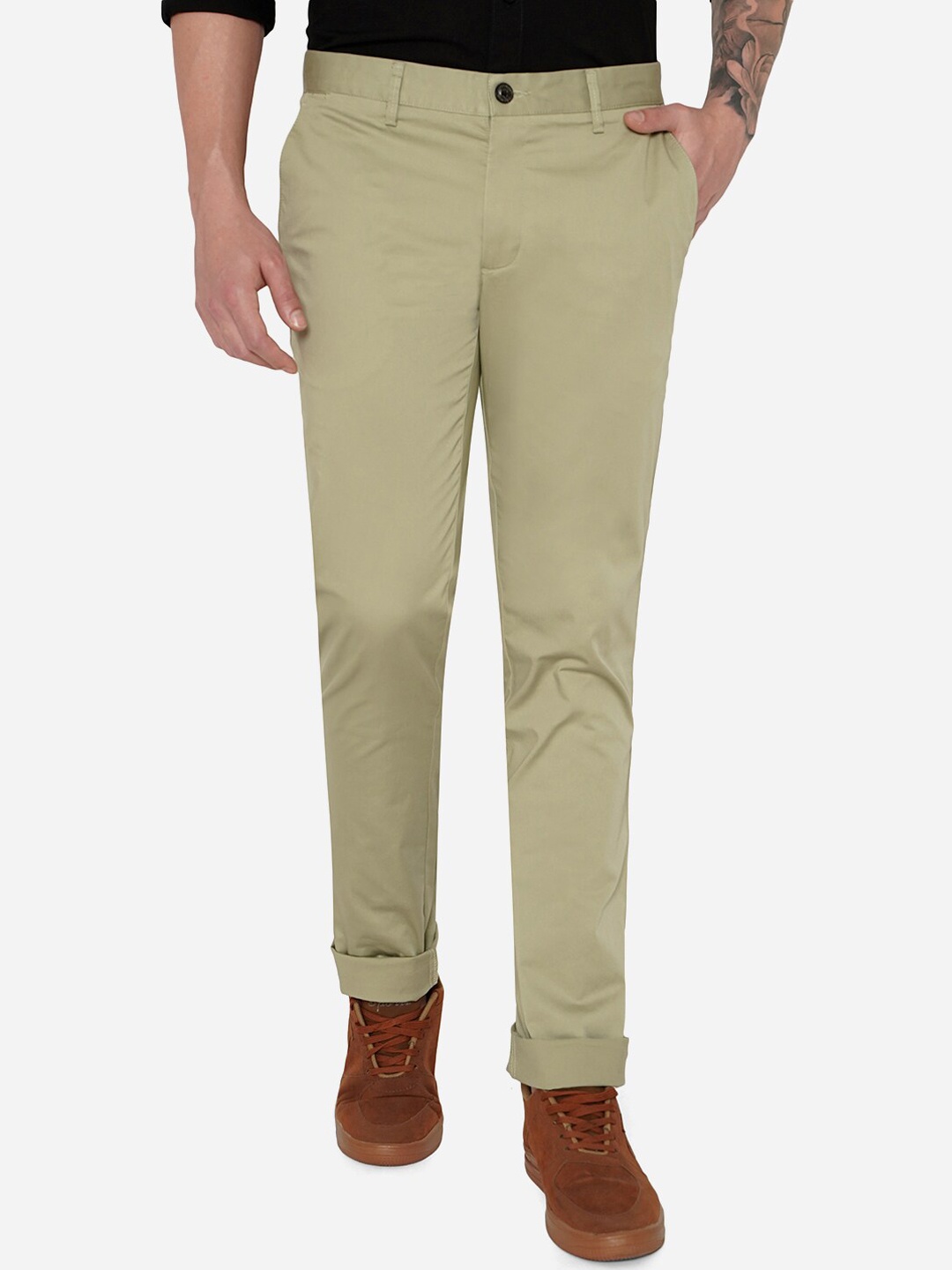 

JADE BLUE Men Green Slim Fit Cotton Chinos Trousers