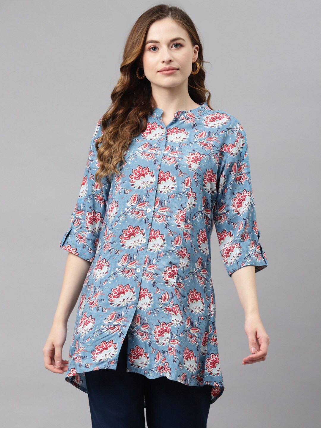

Divena Women Blue Floral Print Mandarin Collar Roll-Up Sleeves Shirt Style Longline Top