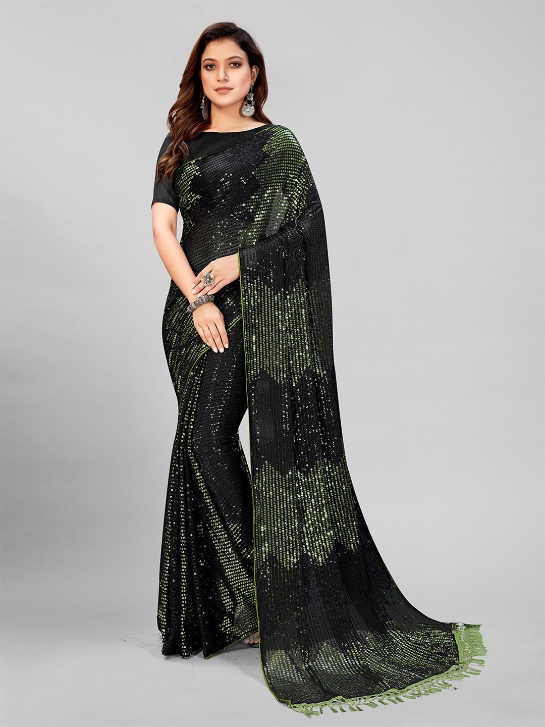 

Pratham Blue Black & Olive Green Embellished Sequinned Pure Georgette Saree