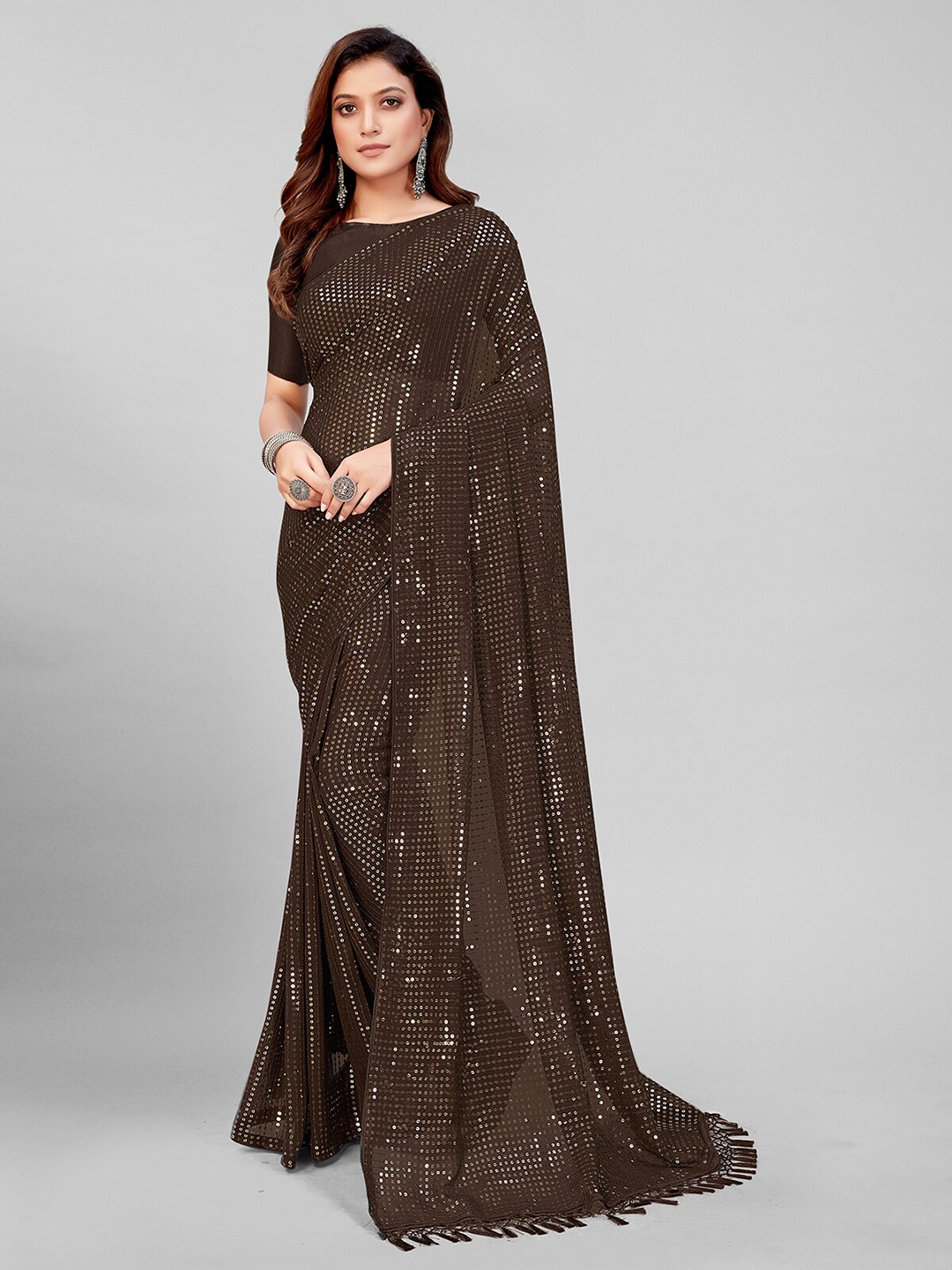 

Pratham Blue Brown Embellished Sequinned Pure Georgette Saree