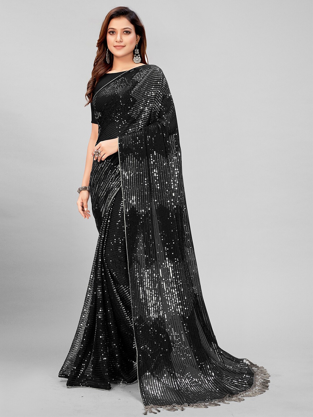 

Pratham Blue Black & Silver-Toned Embellished Sequinned Pure Georgette Saree