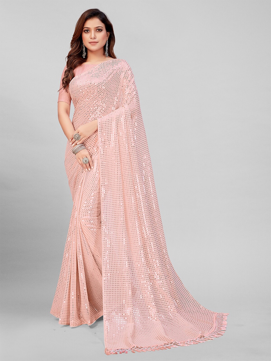 

Pratham Blue Pink Embellished Sequinned Pure Georgette Saree