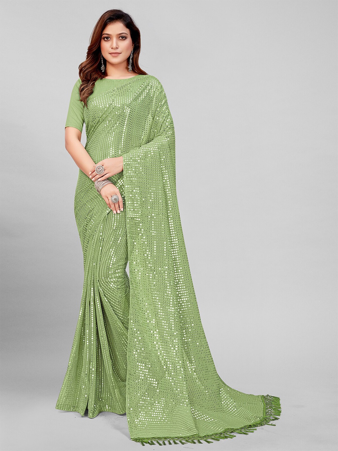 

Pratham Blue Fluorescent Green Embellished Sequinned Pure Georgette Saree