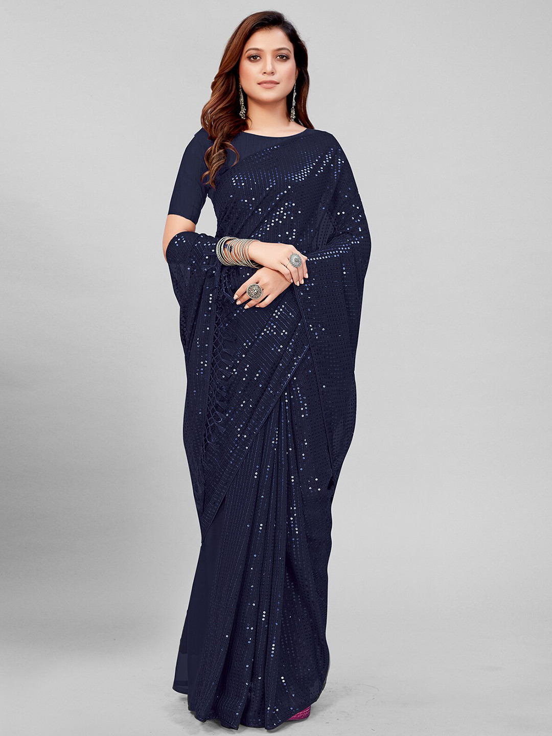 

Pratham Blue Embellished Sequinned Pure Georgette Saree