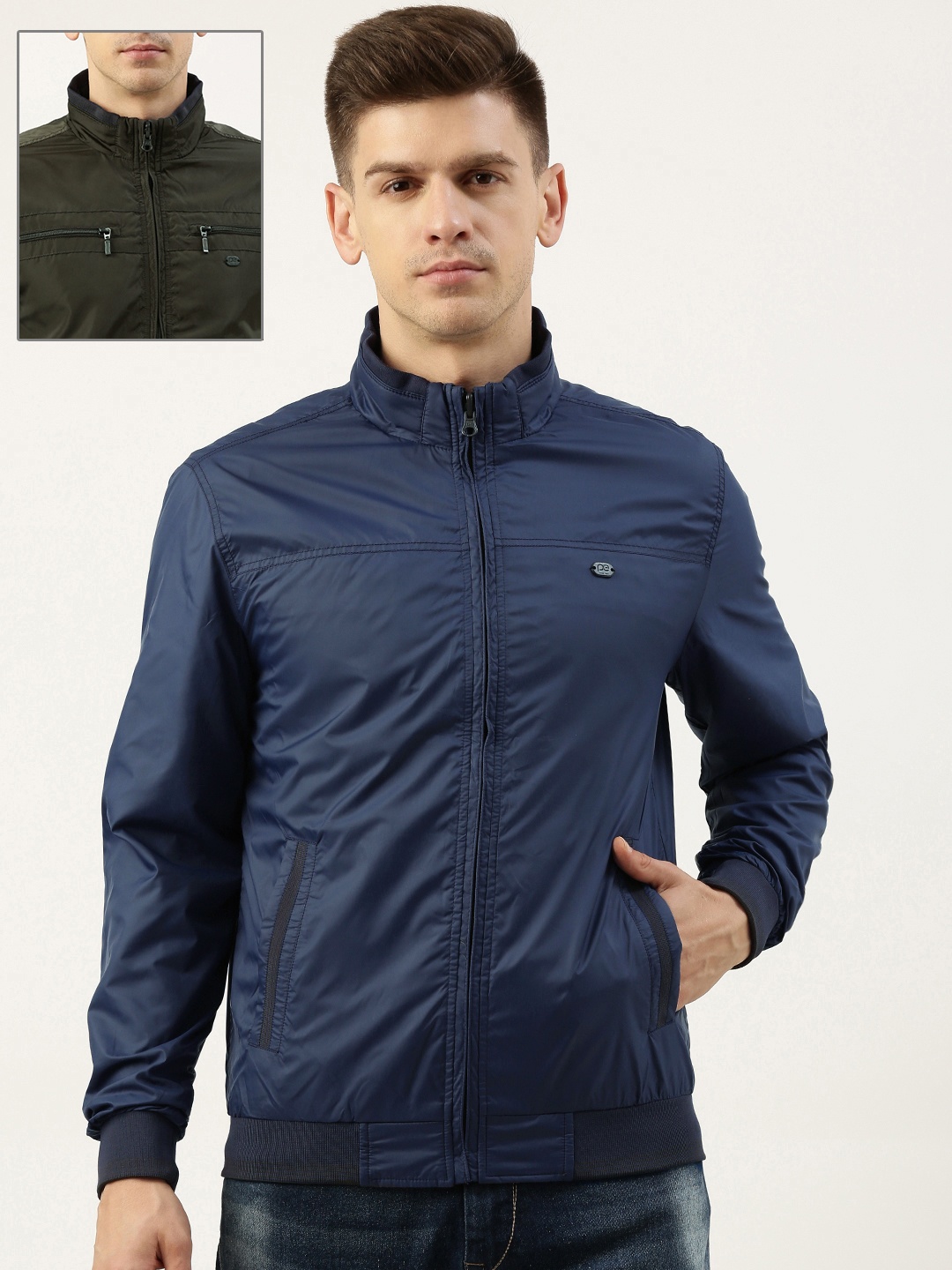 

Peter England Men Olive Green & Blue Solid Reversible Bomber Jacket with Zip Detail