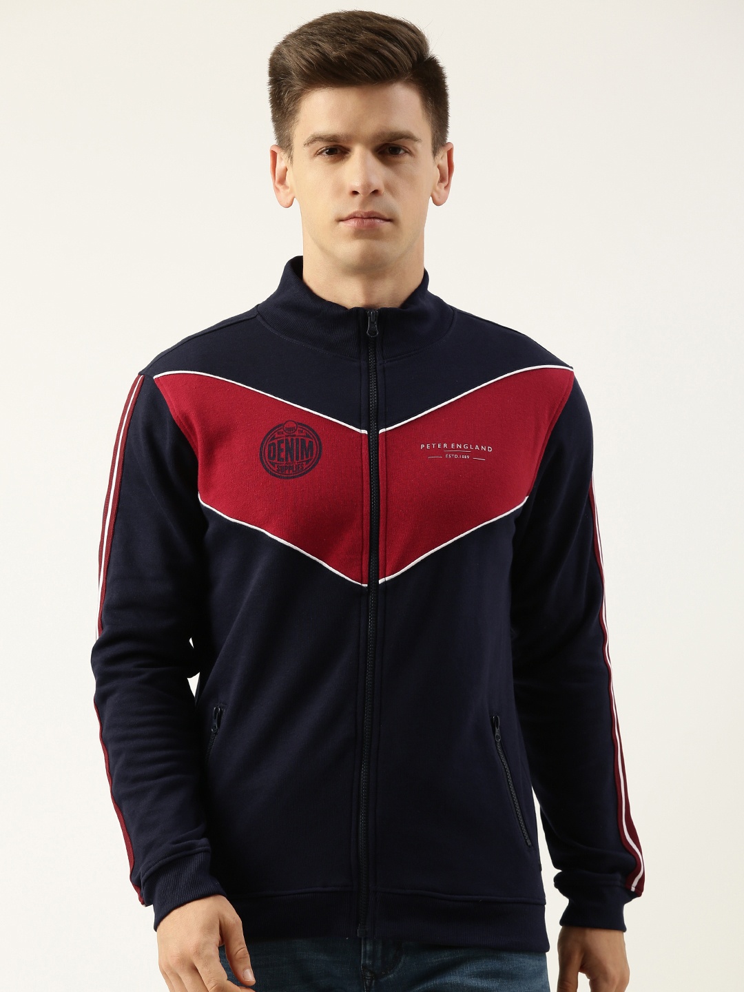 

Peter England Men Colourblocked Front-Open Sweatshirt, Navy blue