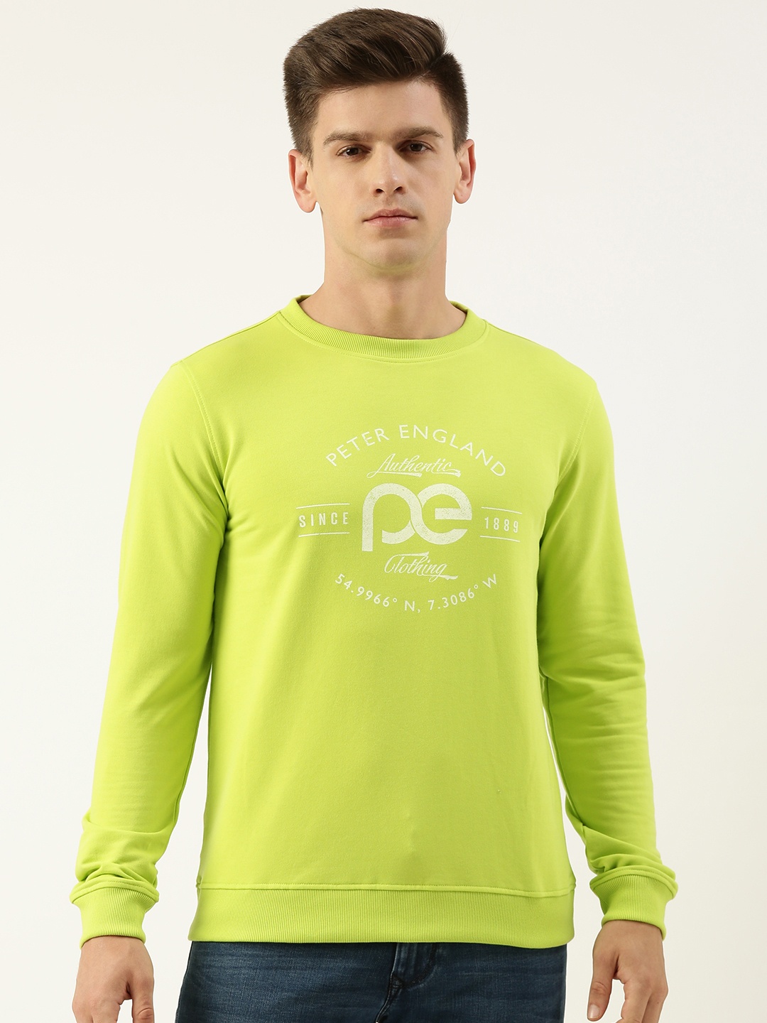 

Peter England Men Brand Logo Printed Sweatshirt, Fluorescent green