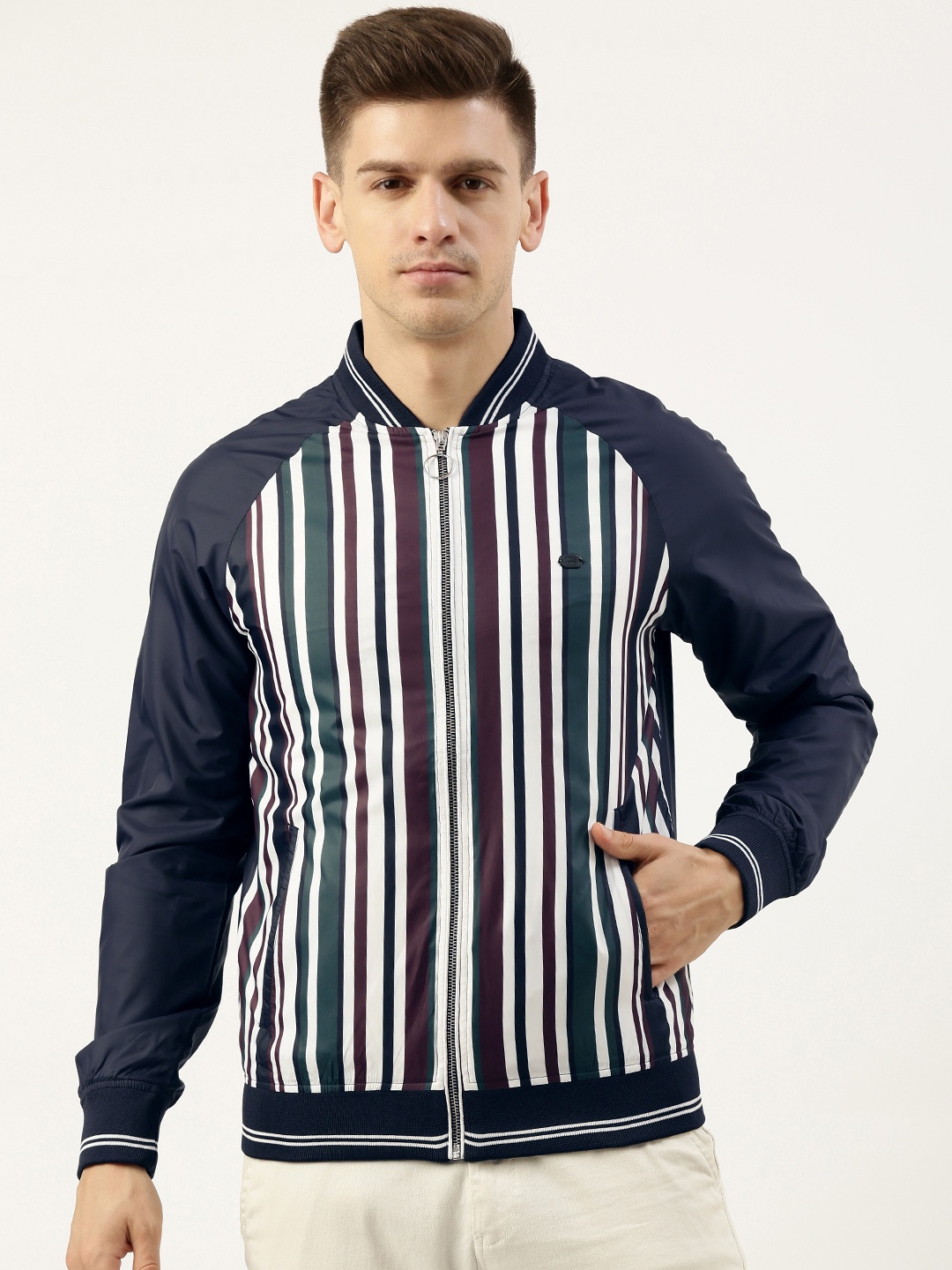 

Peter England Men Navy Blue & White Multi Or Variegated Stripes Bomber Jacket