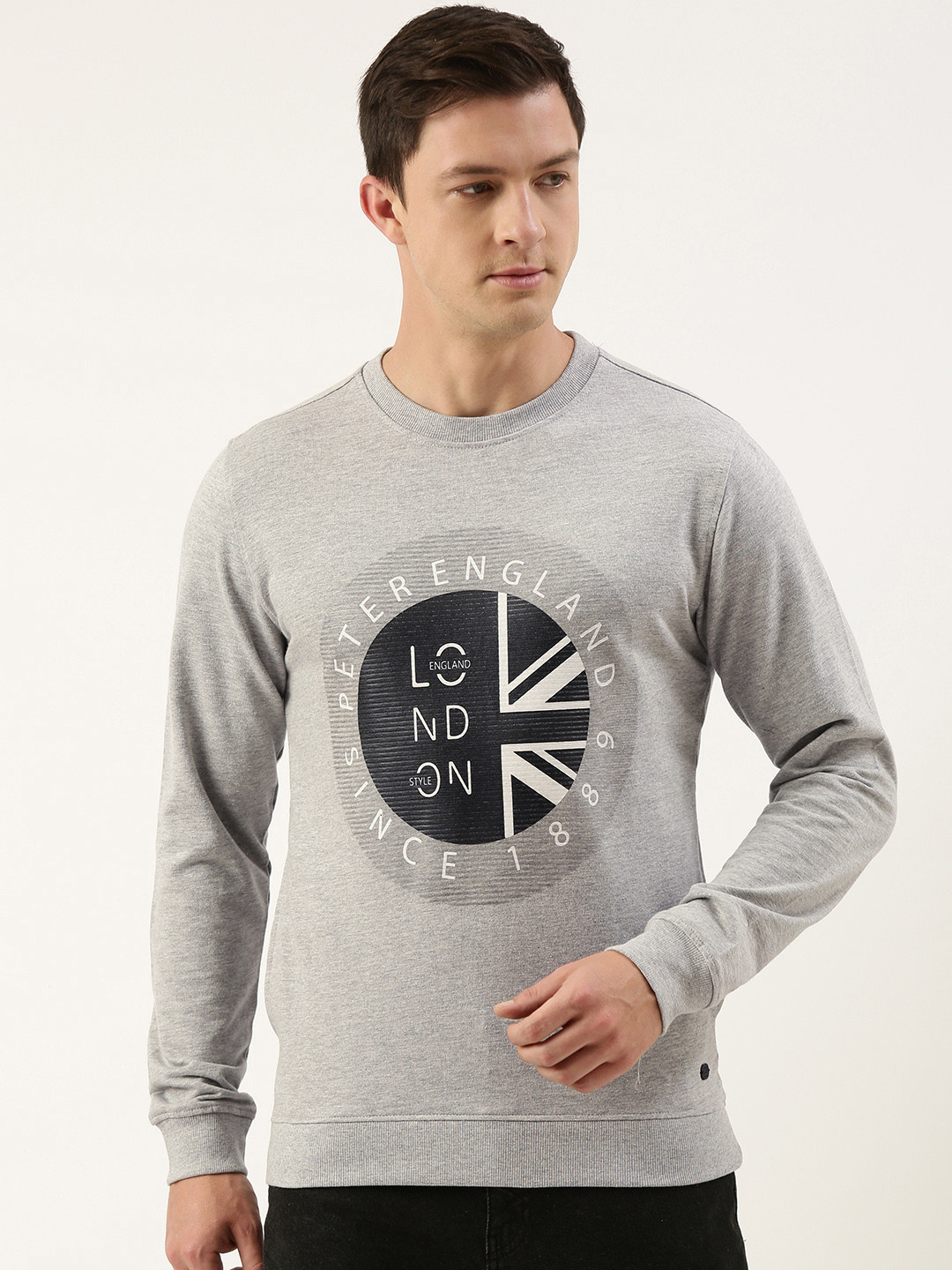 

Peter England Men Brand Logo Printed Sweatshirt, Grey melange