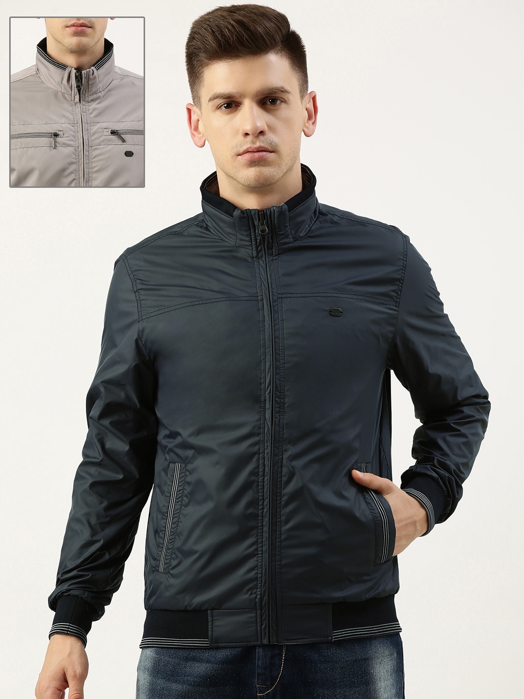 

Peter England Men Navy Blue & Grey Reversible Bomber Jacket