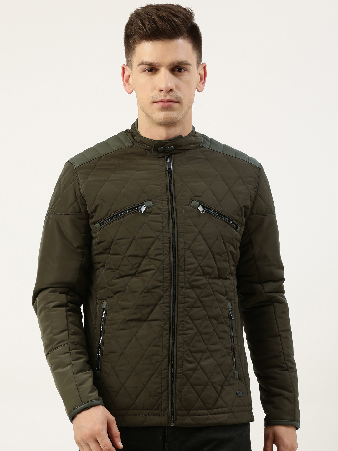 

Peter England Men Olive Green Solid Quilted Jacket