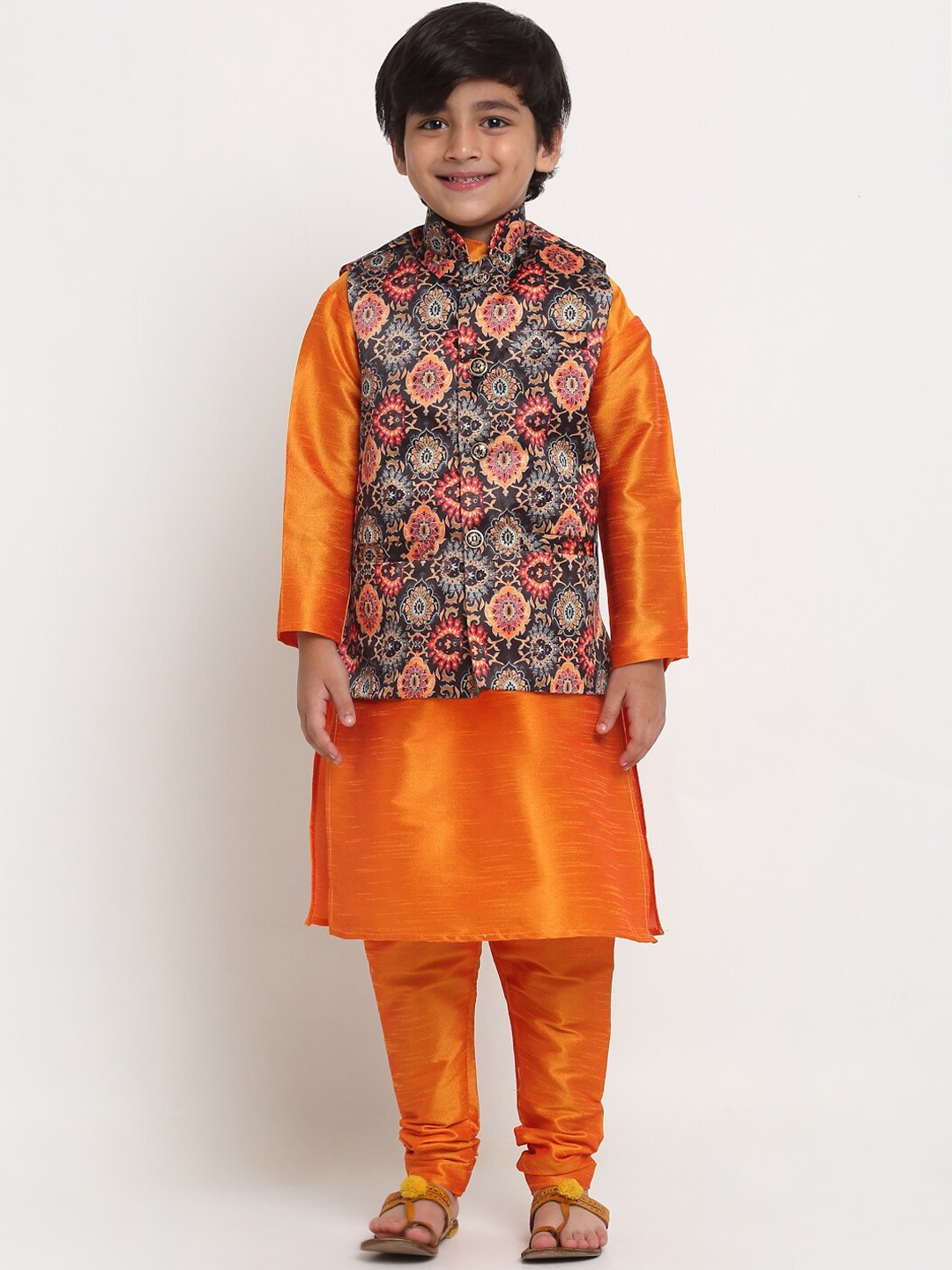 

Benstoke Boys Mustard Yellow Ethnic Motifs Printed Kurta Churidar with Nehru Jackets