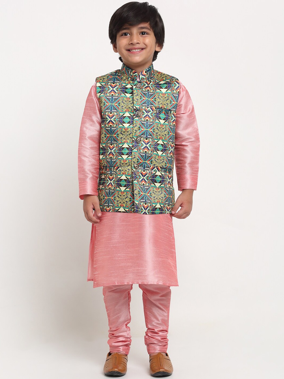 

Benstoke Boys Pink Ethnic Motifs Printed Kurta Churidar with Nehru Jacket