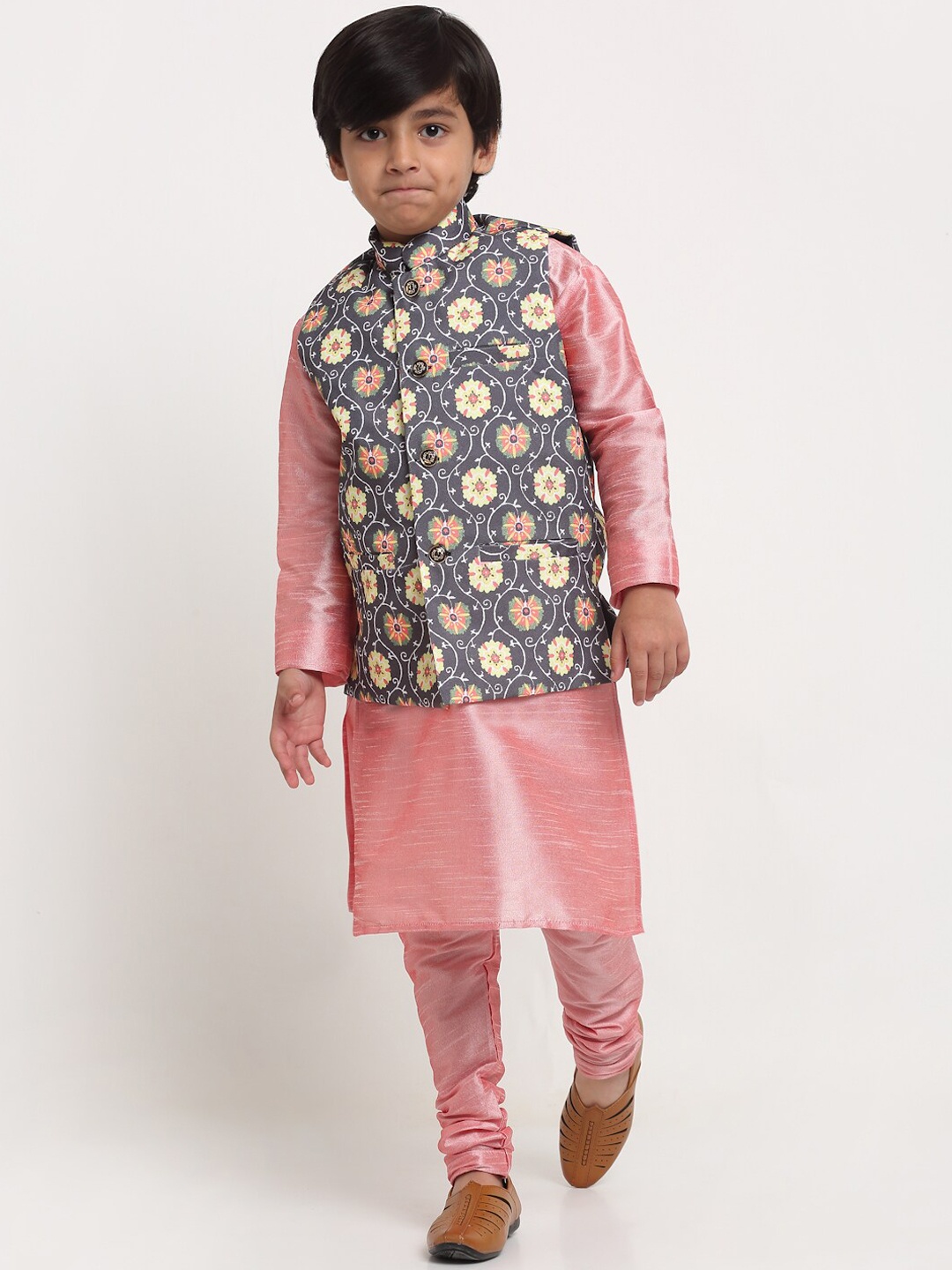 

Benstoke Boys Pink Floral Printed Kurta Churidar with Nehru Jacket
