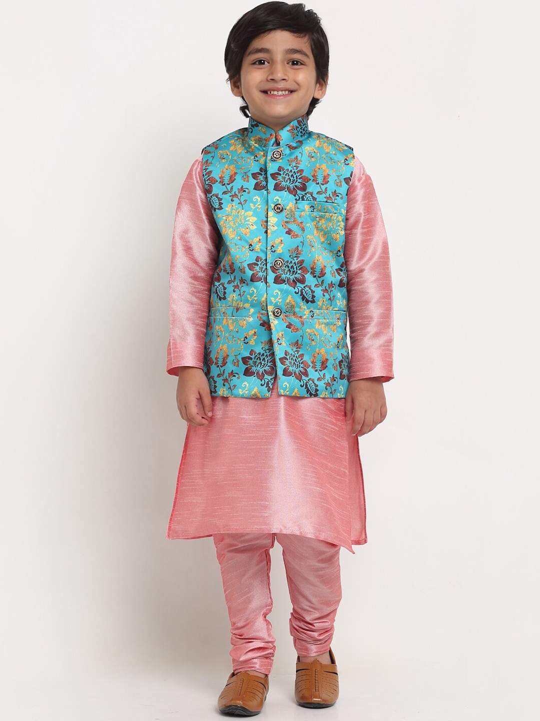 

Benstoke Boys Pink Floral Printed Kurta with Churidar and Nehru Jacket