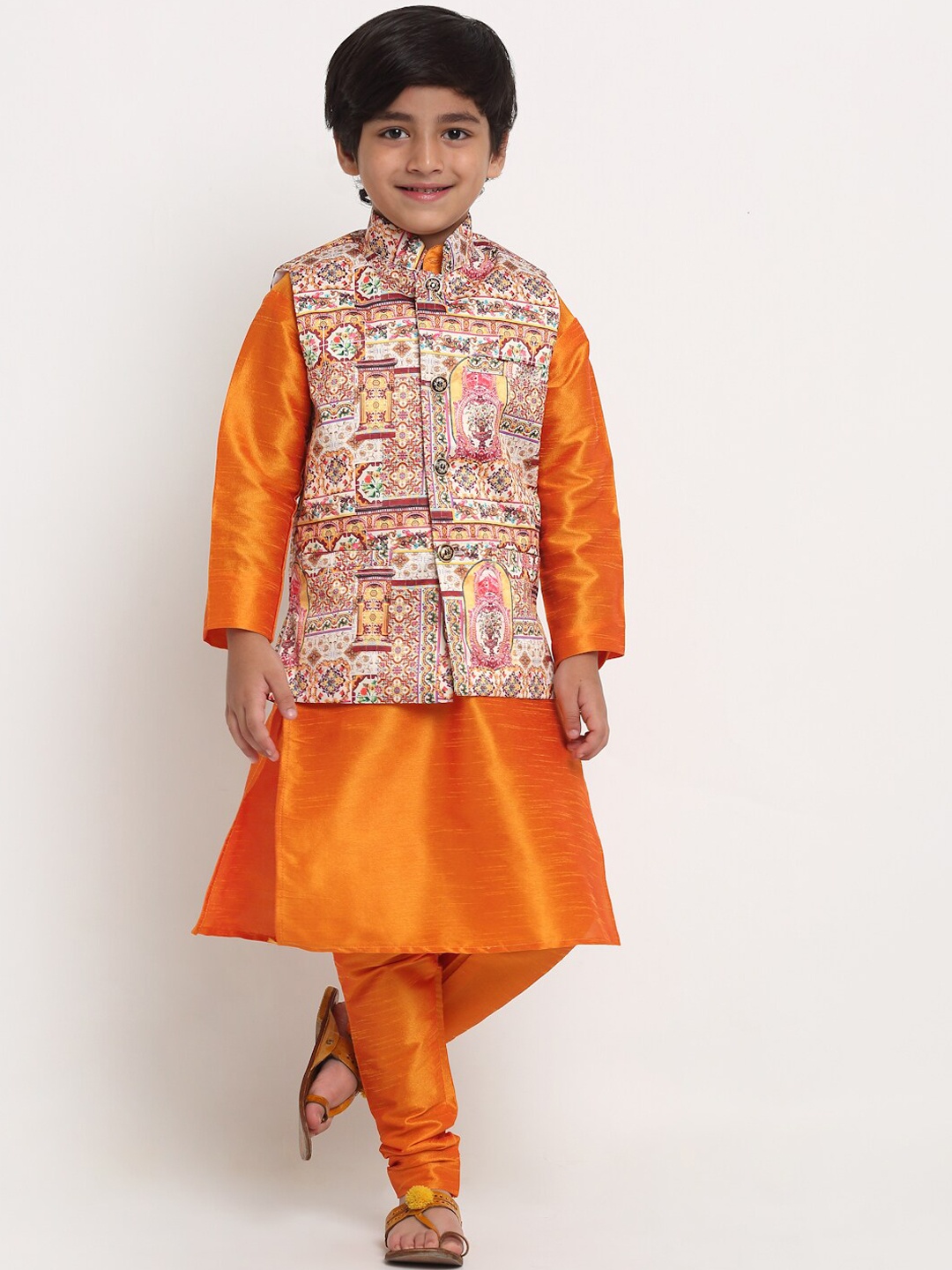 

Benstoke Boys Mustard Yellow Printed Kurta with Churidar and Nehru Jacket