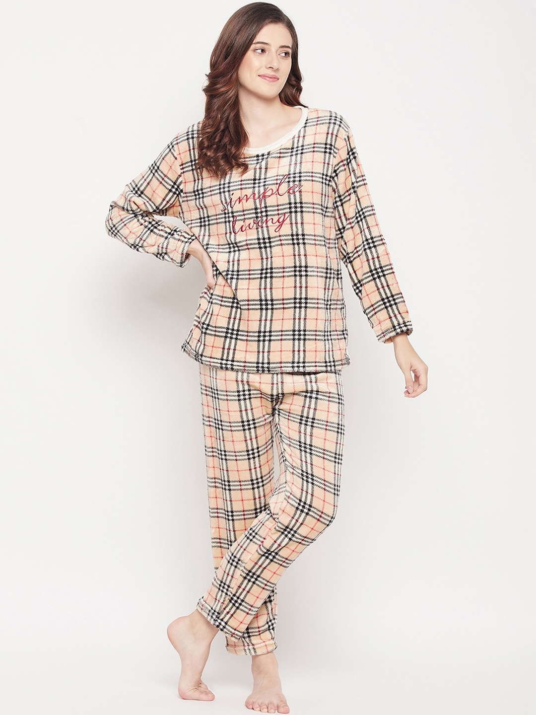 

Camey Women Checked Night suit, Cream