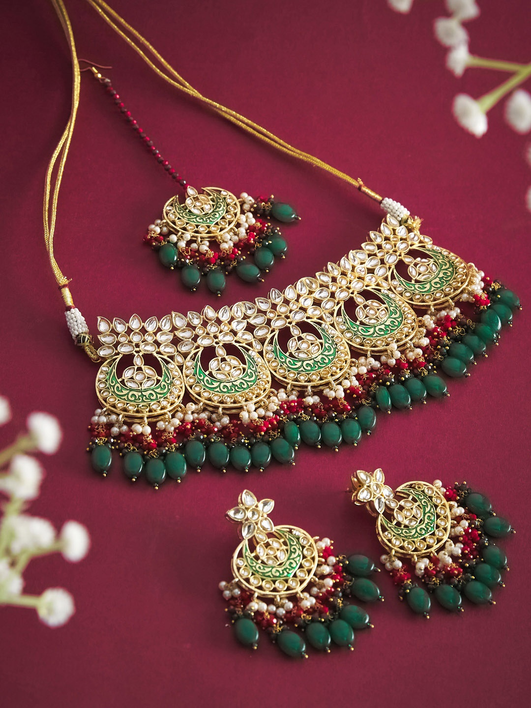 

ATIBELLE Gold-Plated Green & White Kundan Studded & Beaded Meenakari Jewellery Set