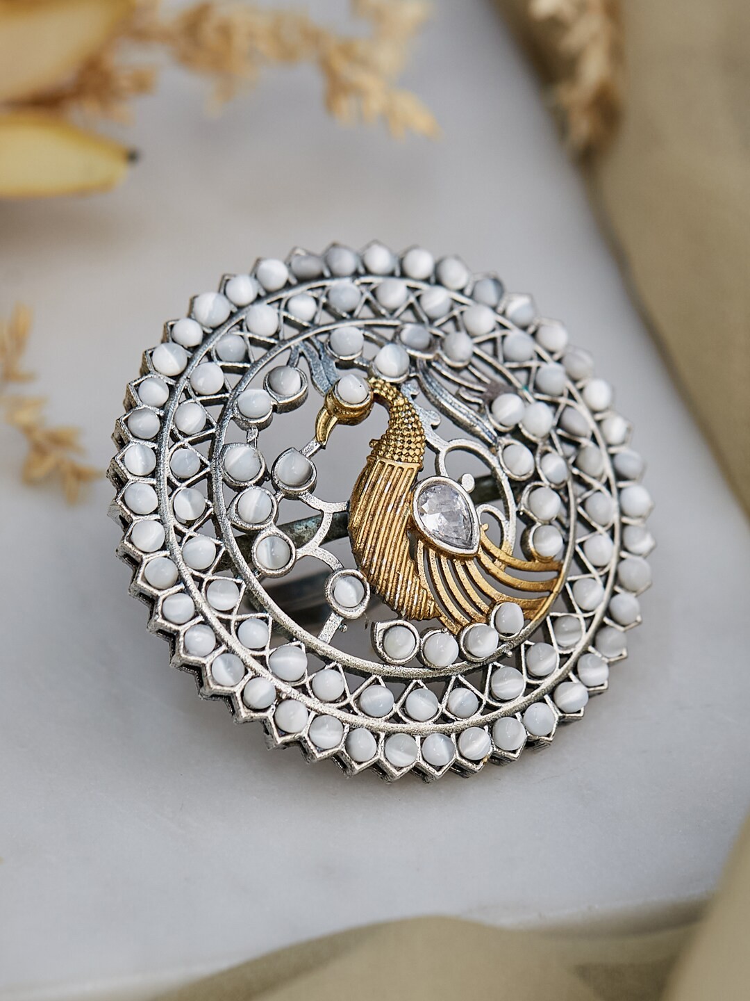 

ATIBELLE Oxidised Silver-Plated Stone-Studded Peacock Inspired Adjustable Statement Finger Ring