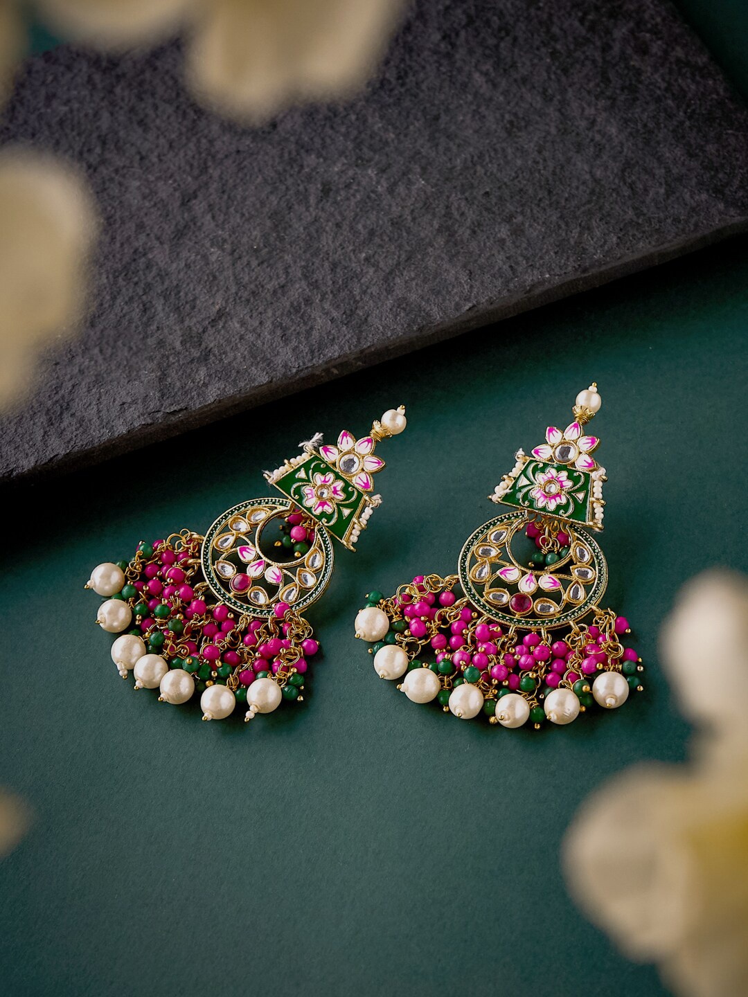 

ATIBELLE Magenta Gold-Plated Kundan studded Meenakari Chandbali Chandbalis Earrings