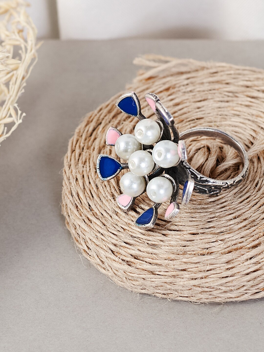 

ATIBELLE Silver-Plated Blue & White Pearl Studded Adjustable Finger Ring