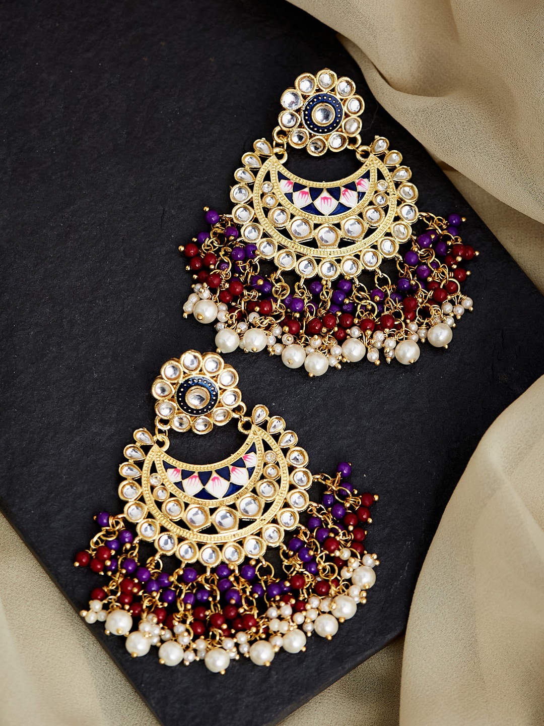 

ATIBELLE Gold-Toned Contemporary Kundan studded Meenakari Chandbalis Earrings