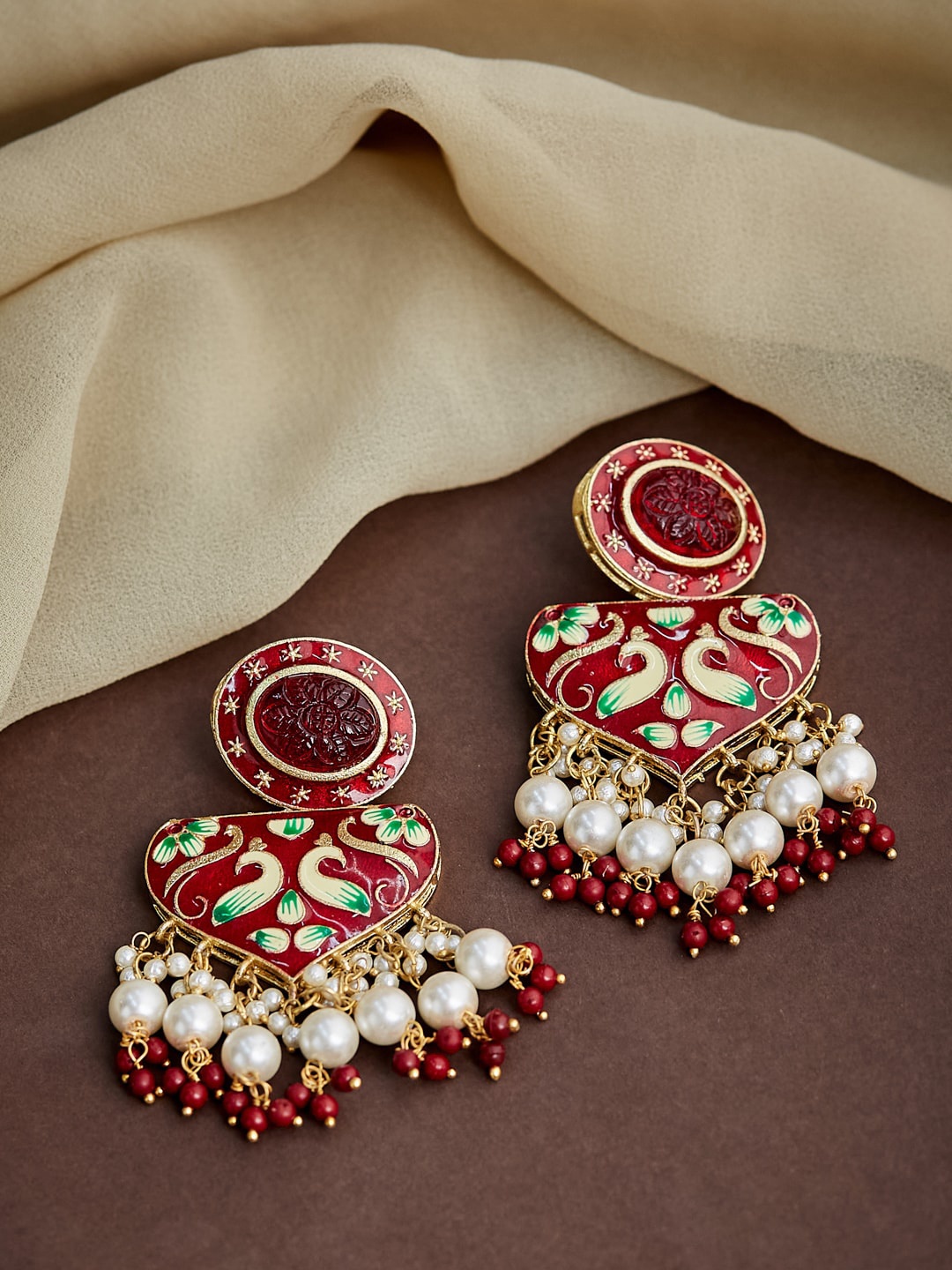 

ATIBELLE Red Peacock Inspired Meenakari Chandbalis Earrings with Beads Drop