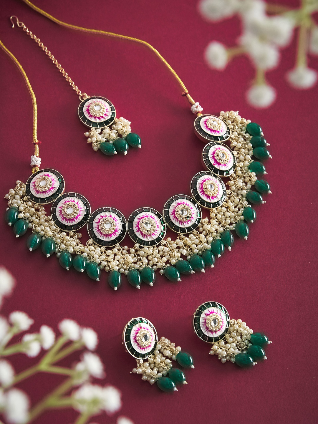

ATIBELLE Gold-Plated Green & White Kundan-Studded Meenakari Jewellery Set