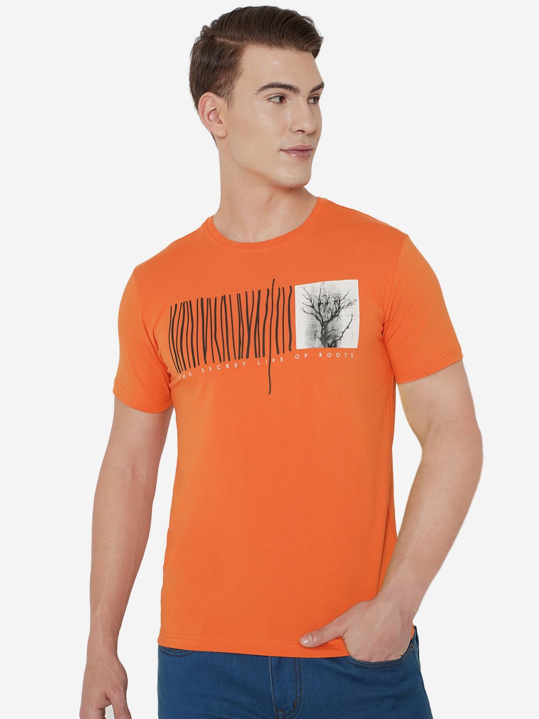 

JADE BLUE Men Orange Printed Pure Cotton Slim Fit T-shirt
