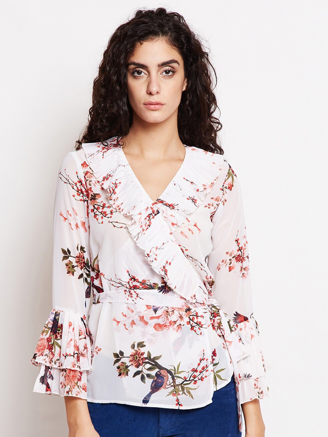 

Be Indi Women White Floral Print Ruffles Crepe Top