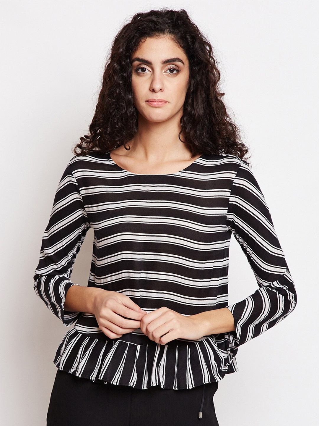 

Be Indi Women Black & White Striped Peplum Top