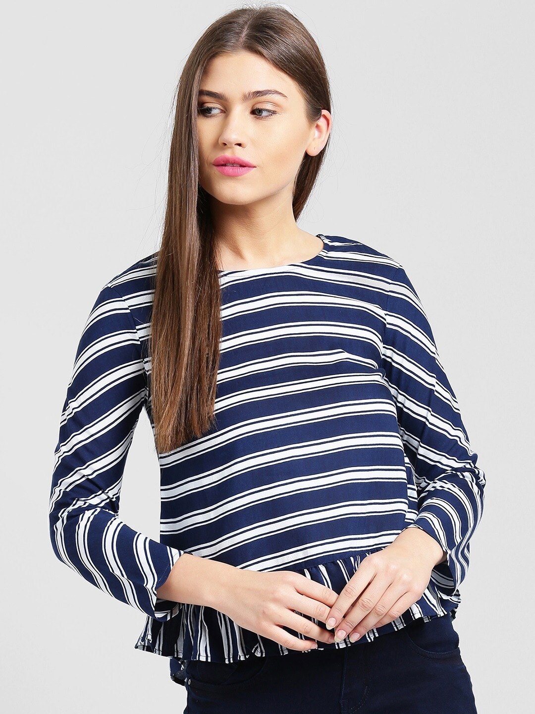 

Be Indi Women Blue & White Striped Peplum Top