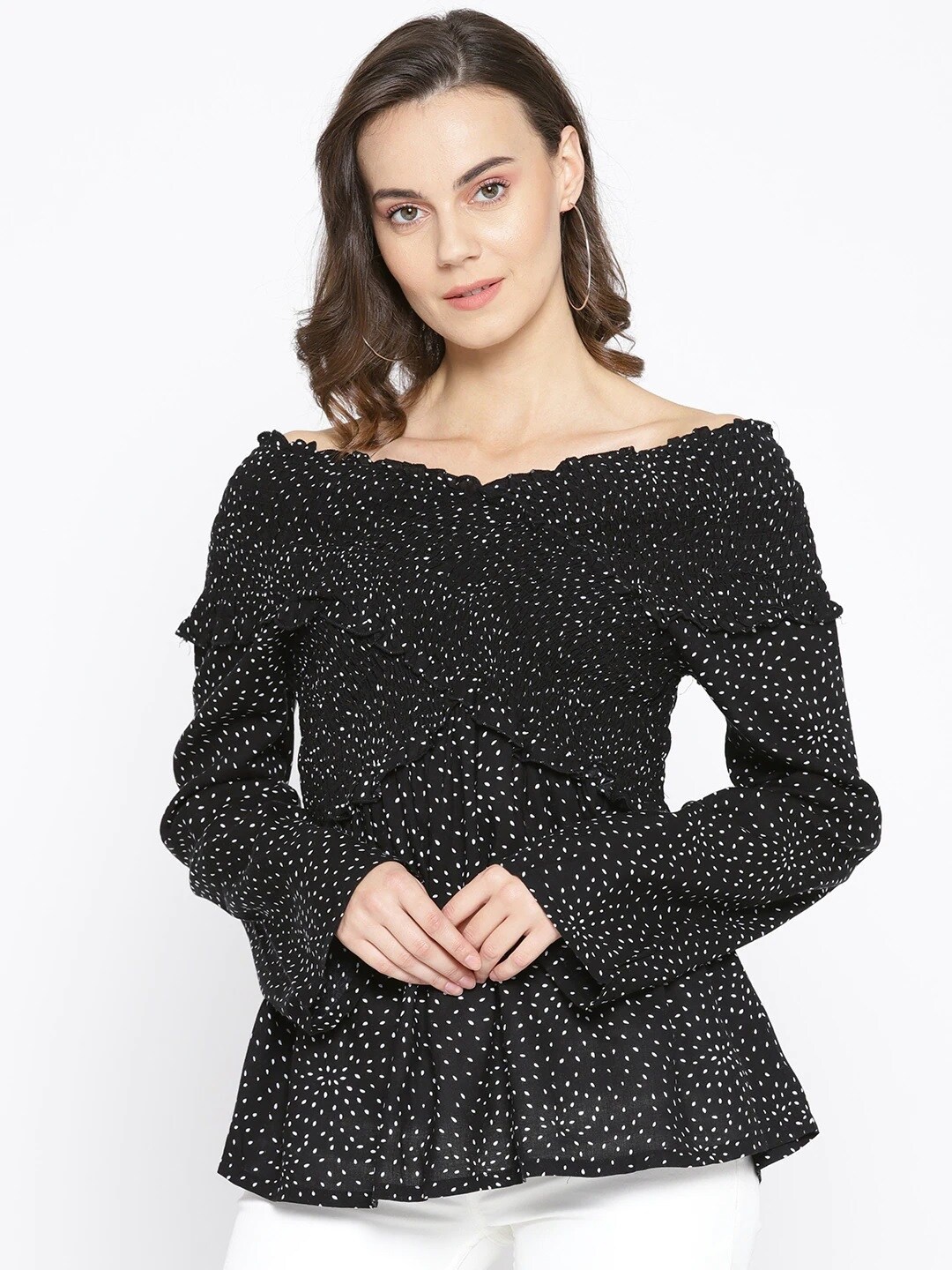 

Be Indi Women Black Print Off-Shoulder Bardot Top