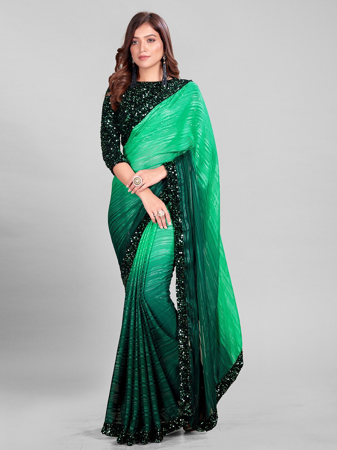 

Granthva Fab Green & Black Striped Sequinned Silk Blend Saree