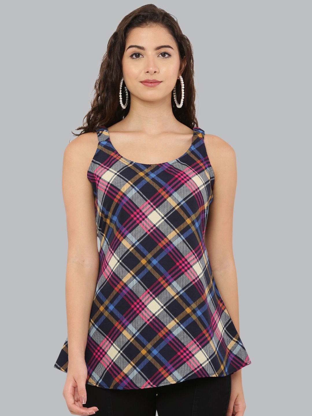 

EZIS FASHION Black & Blue Checked A- Line Top