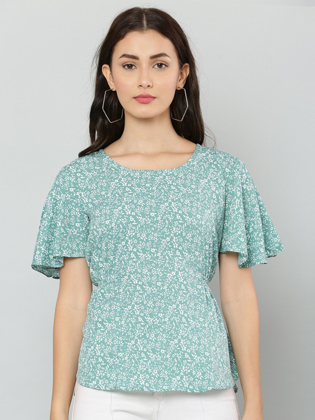 

EZIS FASHION Green Floral Print Crepe Top