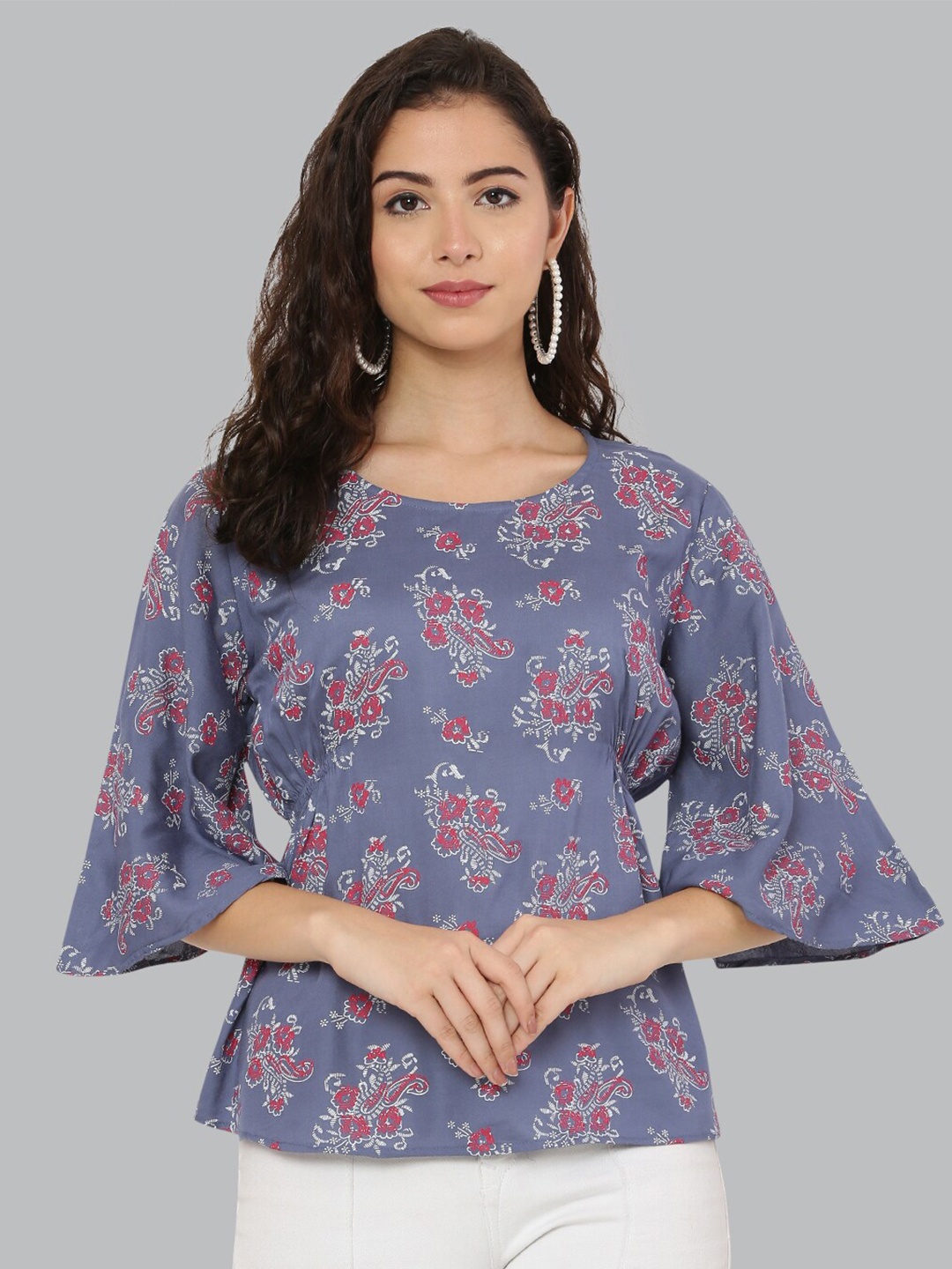 

EZIS FASHION Grey & Red Floral Print Top