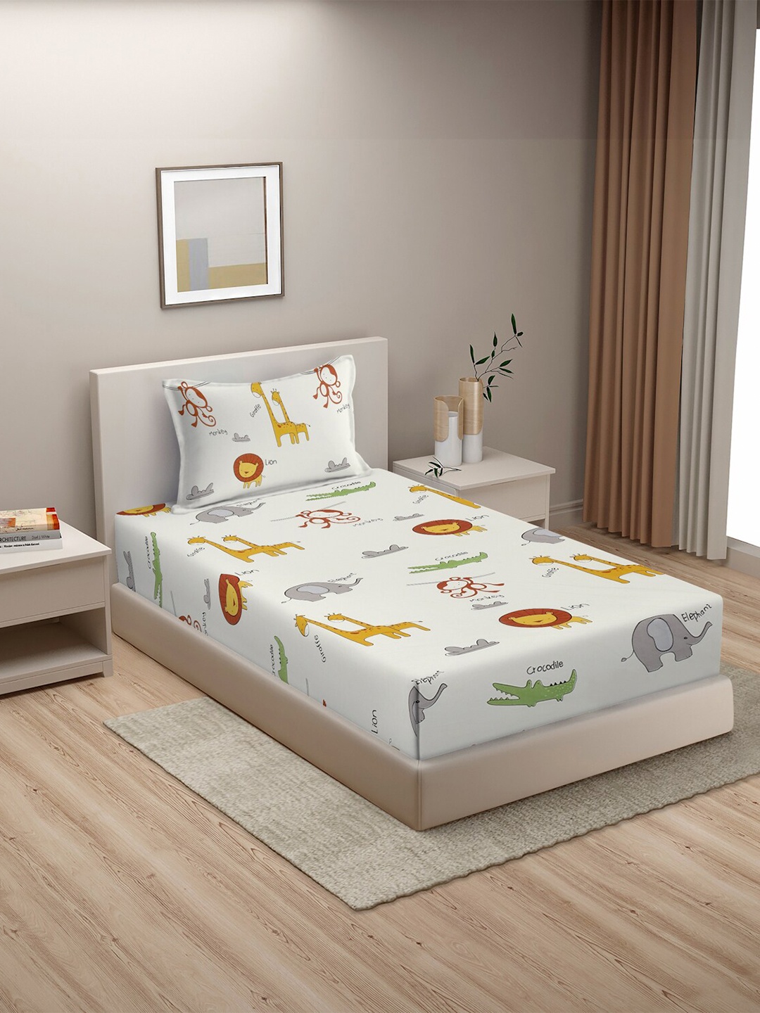 

MORADO Off White & Yellow Graphic 210 TC Single Bedsheet with 1 Pillow Covers