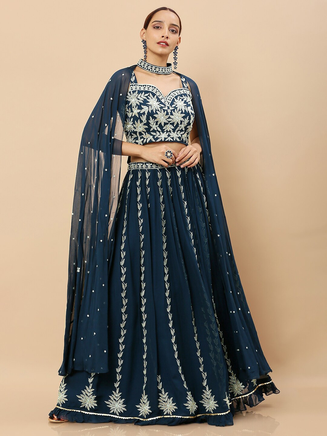 

Soch Blue & Silver-Toned Embroidered Sequinned Ready to Wear Lehenga & Blouse With Dupatta