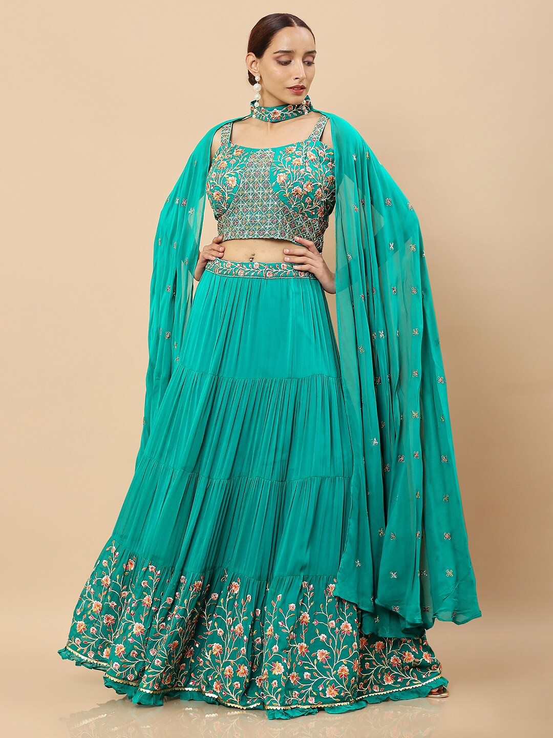 

Soch Women Green & Pink Embroidered Ready to Wear Lehenga & Blouse With Dupatta