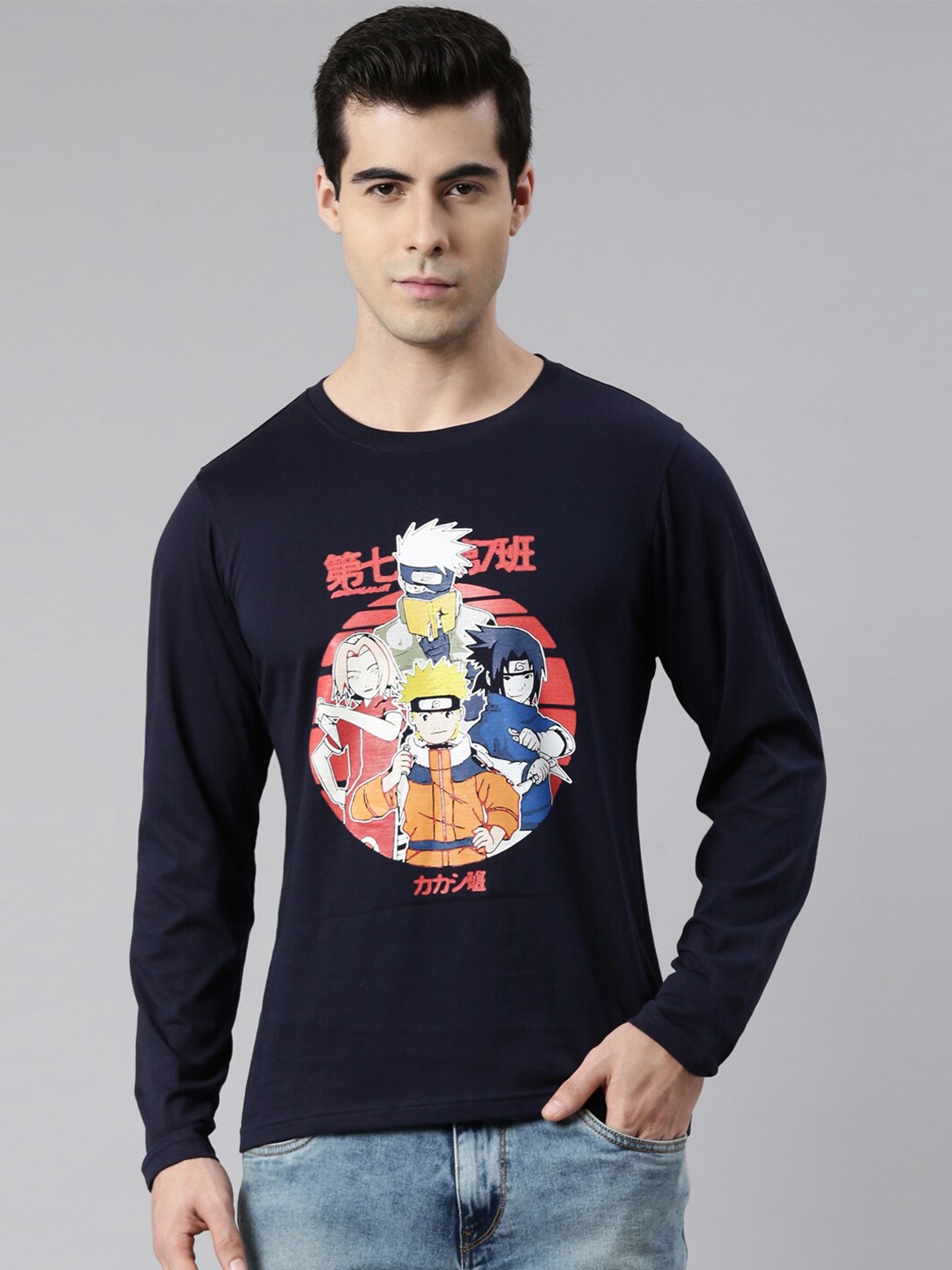 

Bushirt Men Navy Blue Printed Full Sleeves Cotton T-shirt