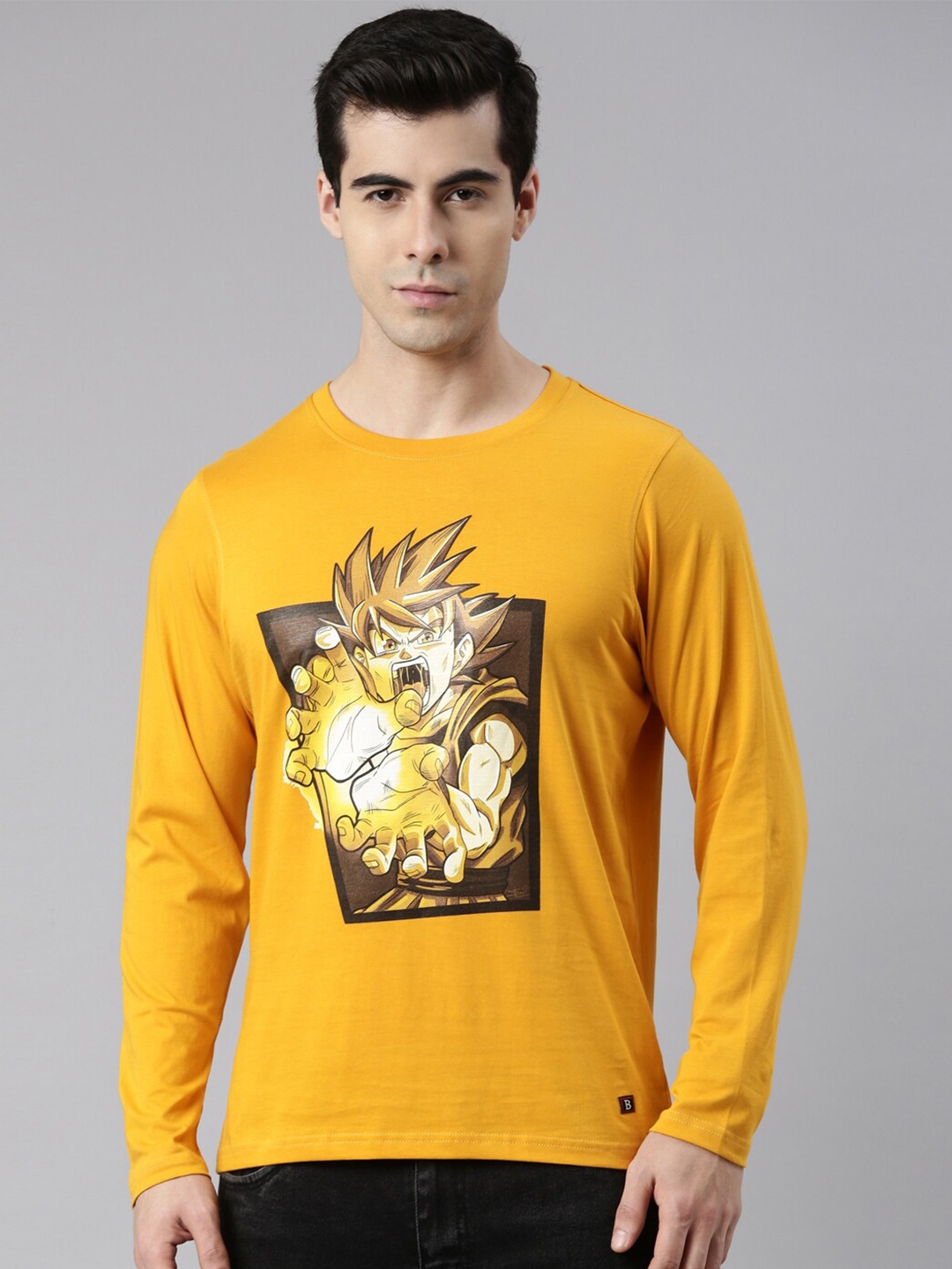 

Bushirt Men Mustard Yellow Printed Raw Edge Cotton T-shirt