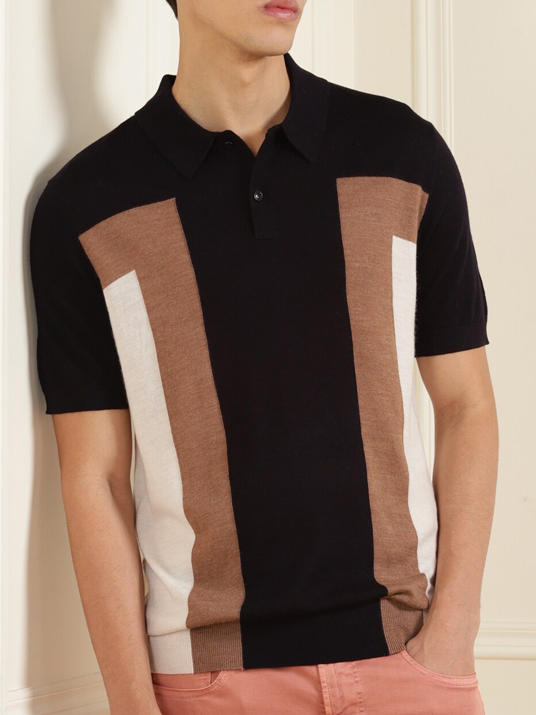 

Ted Baker Men Navy Blue & Beige Colourblocked Polo Collar Wool T-shirt