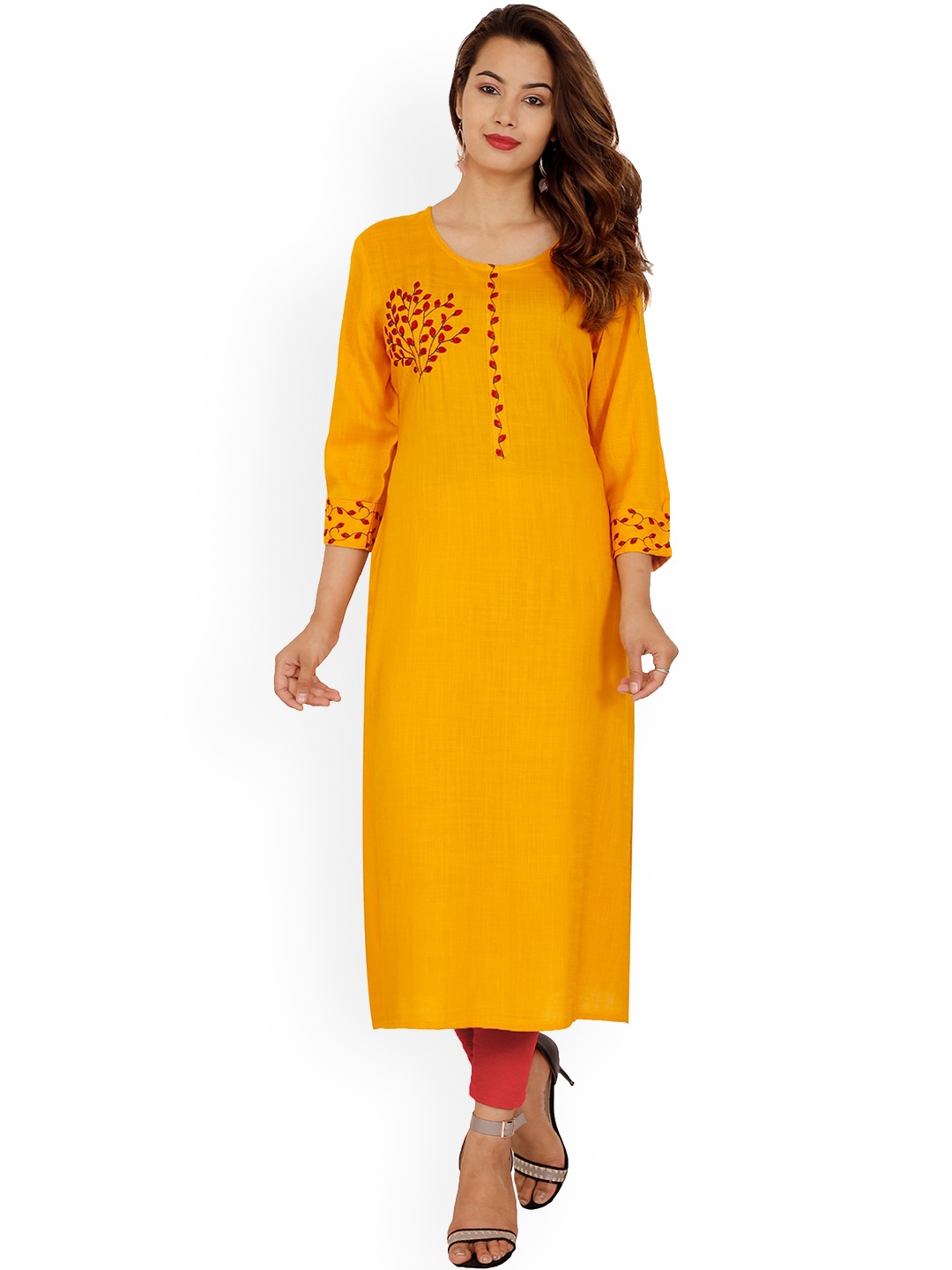 

NITVAN Women Mustard Yellow Cold-Shoulder Sleeves Thread Work Pastels Kurta