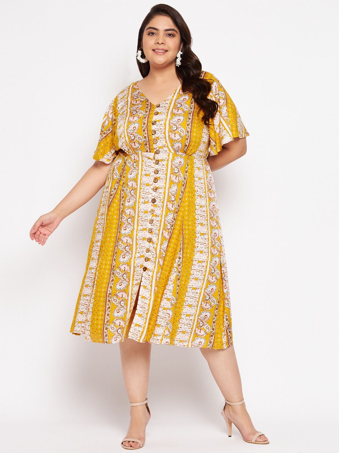 

wild U Women Mustard Yellow & Beige Ethnic Motifs Midi Dress