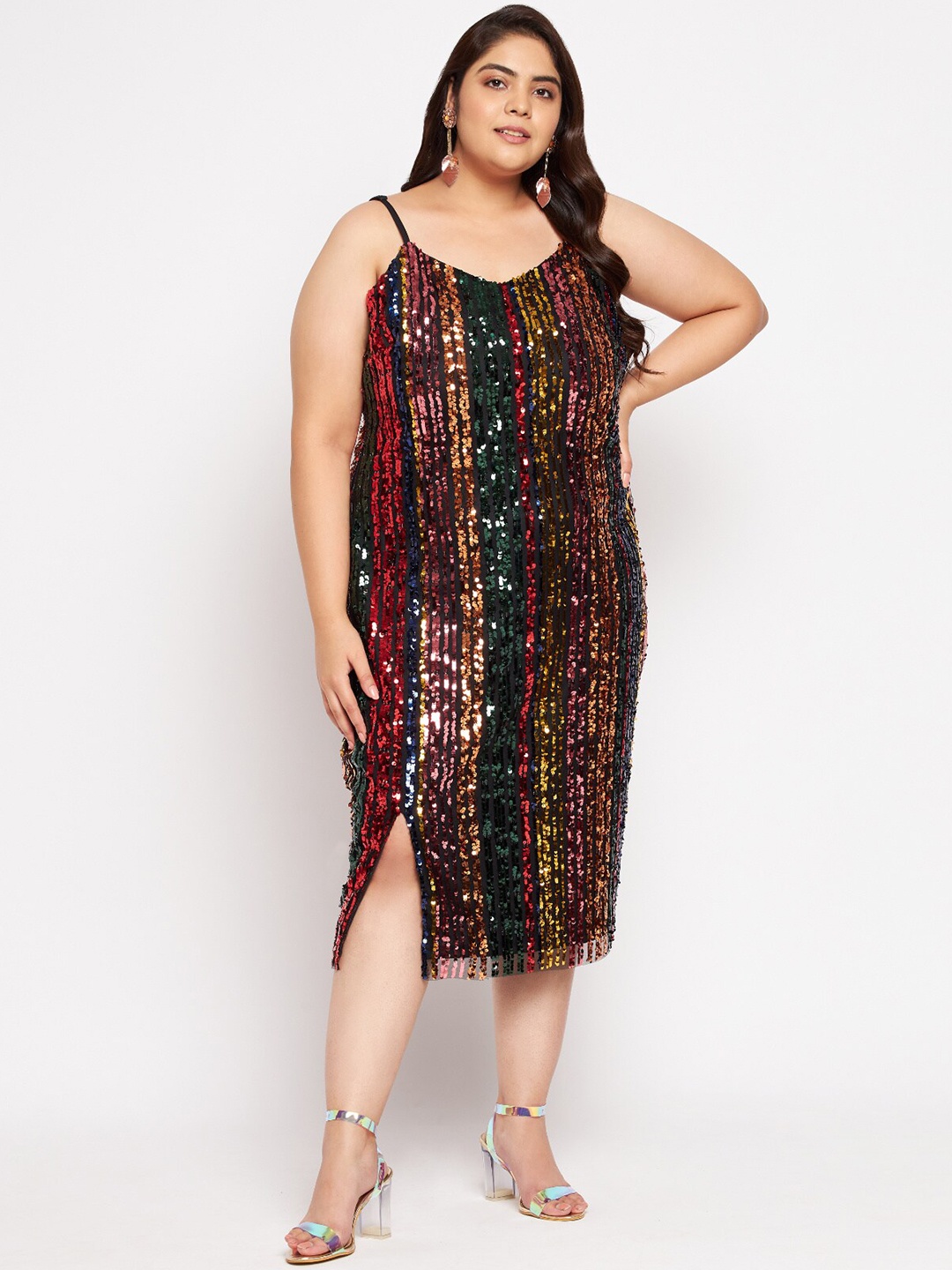 

wild U Black Embellished Net Sheath Midi Dress