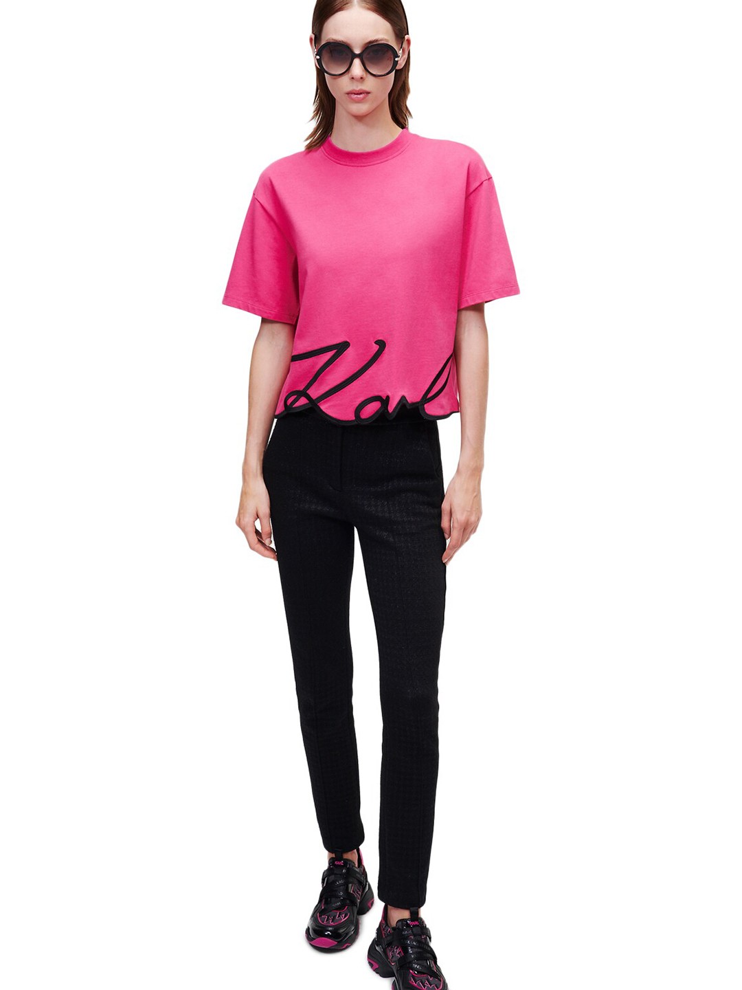 

Karl Lagerfeld Women Pink High Neck Drop-Shoulder Sleeves Pure Cotton T-shirt