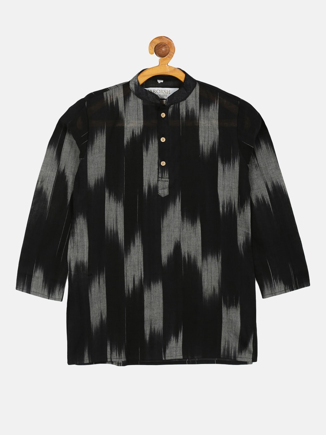 

PAROKSH Boys Black Striped Shadow Work Khadi Handloom Cotton Kurta